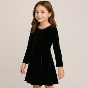 Gap Kids Velour Long Sleeve Fit Flare Dress Stretch Neck Lace Detail Black M 7-8